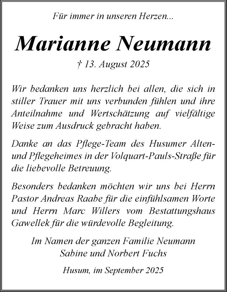  Traueranzeige für Marianne Neumann vom 13.09.2025 aus Husumer Nachrichten, Nordfriesland Tageblatt