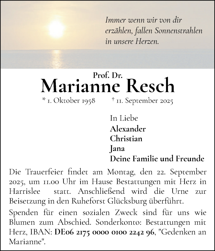  Traueranzeige für Marianne Resch vom 17.09.2025 aus Flensburger Tageblatt