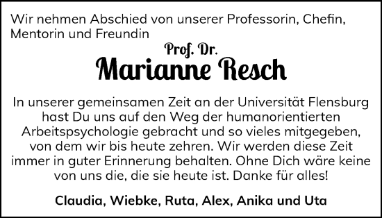 Traueranzeige von Marianne Resch von Flensburger Tageblatt
