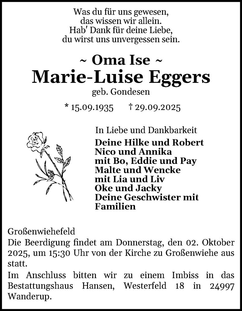  Traueranzeige für Marie-Luise Eggers vom 01.10.2025 aus Flensburger Tageblatt