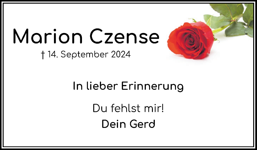  Traueranzeige für Marion Czense vom 13.09.2025 aus Flensburger Tageblatt