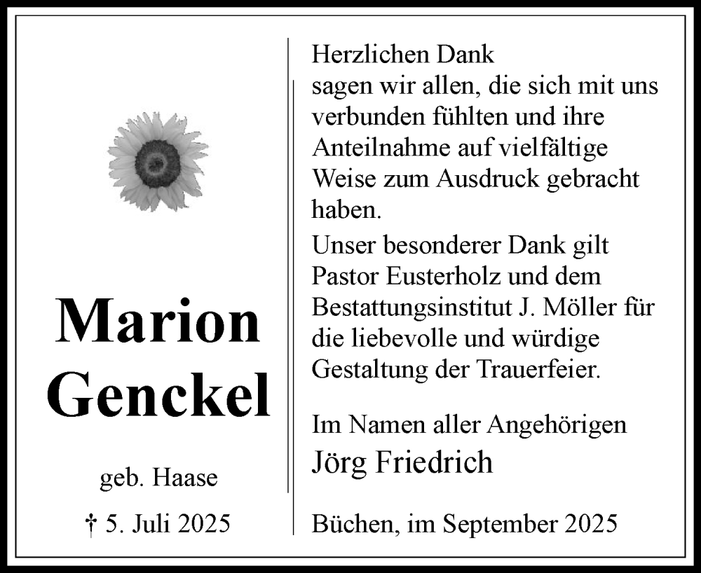  Traueranzeige für Marion Genckel vom 06.09.2025 aus Wochenend Anzeiger