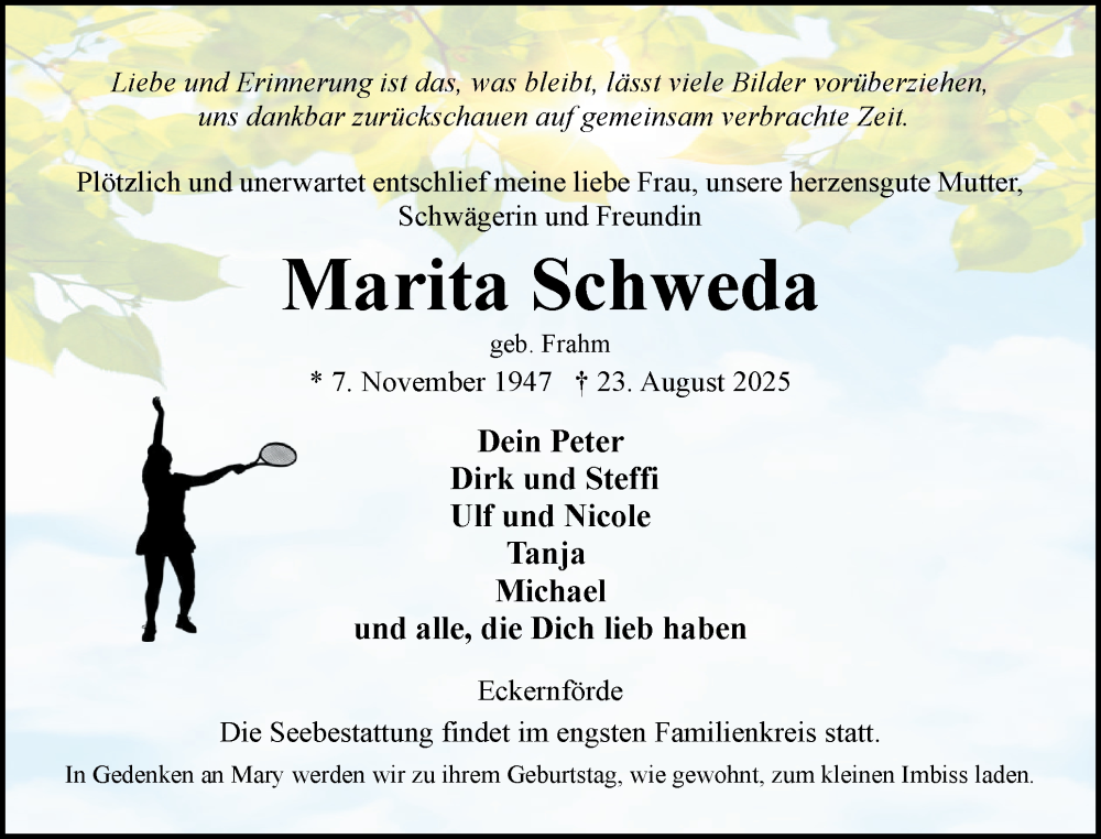  Traueranzeige für Marita Schweda vom 06.09.2025 aus Eckernförder Zeitung, Hallo Eckernförde