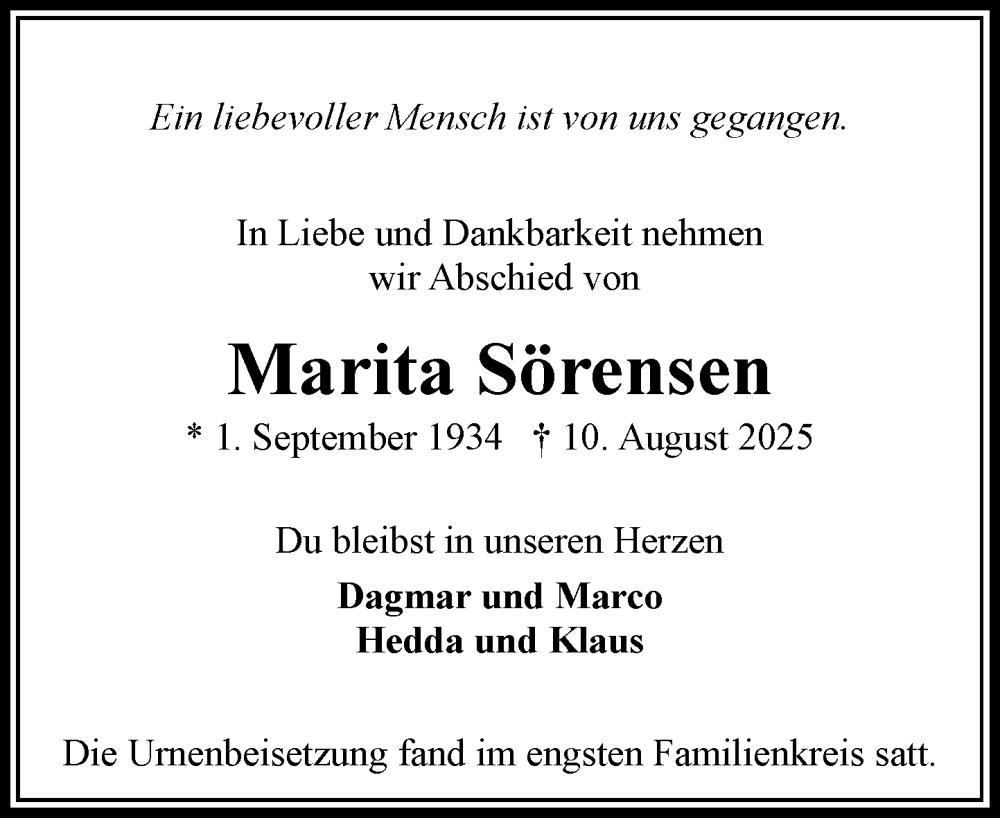  Traueranzeige für Marita Sörensen vom 06.09.2025 aus Wochenend Anzeiger