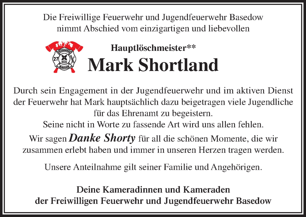  Traueranzeige für Mark Shortland vom 06.09.2025 aus Wochenend Anzeiger