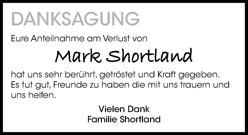  Traueranzeige für Mark Shortland vom 20.09.2025 aus Wochenend Anzeiger