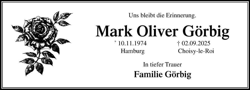  Traueranzeige für Mark Oliver Görbig vom 27.09.2025 aus Umschau