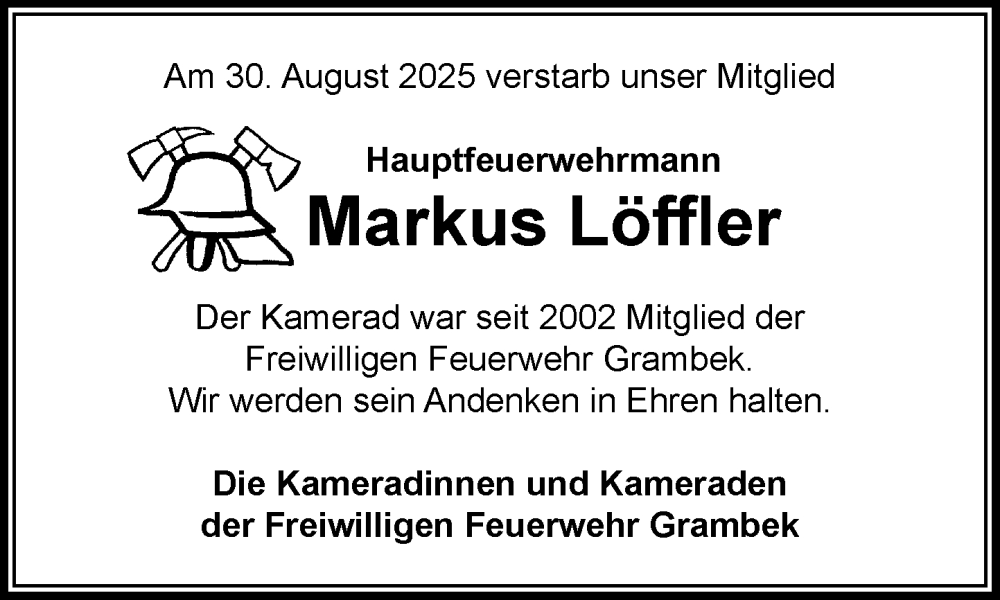  Traueranzeige für Markus Löffler vom 13.09.2025 aus MARKT Ratzeburg/Mölln