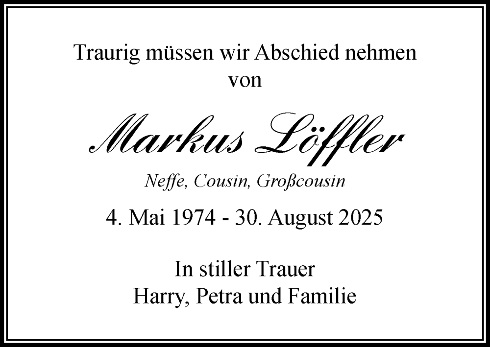  Traueranzeige für Markus Löffler vom 20.09.2025 aus MARKT Ratzeburg/Mölln