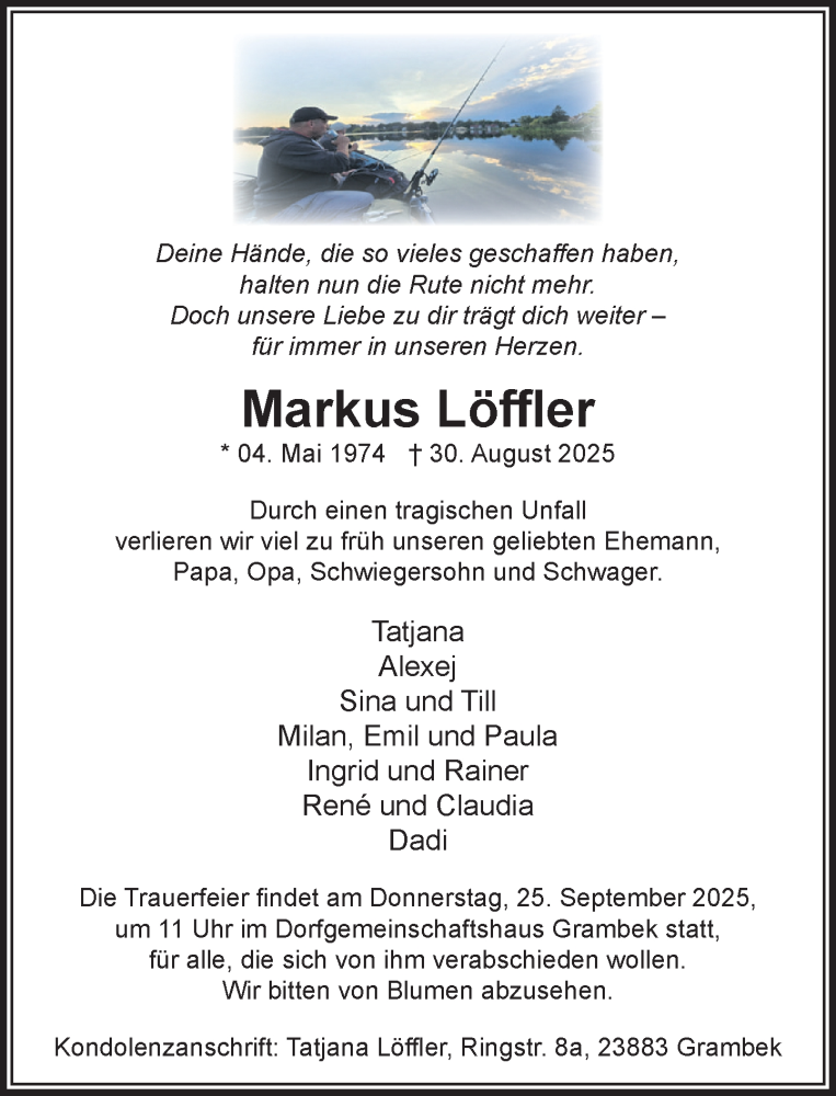  Traueranzeige für Markus Löffler vom 13.09.2025 aus MARKT Ratzeburg/Mölln