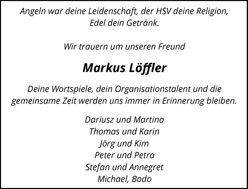  Traueranzeige für Markus Löffler vom 13.09.2025 aus MARKT Ratzeburg/Mölln
