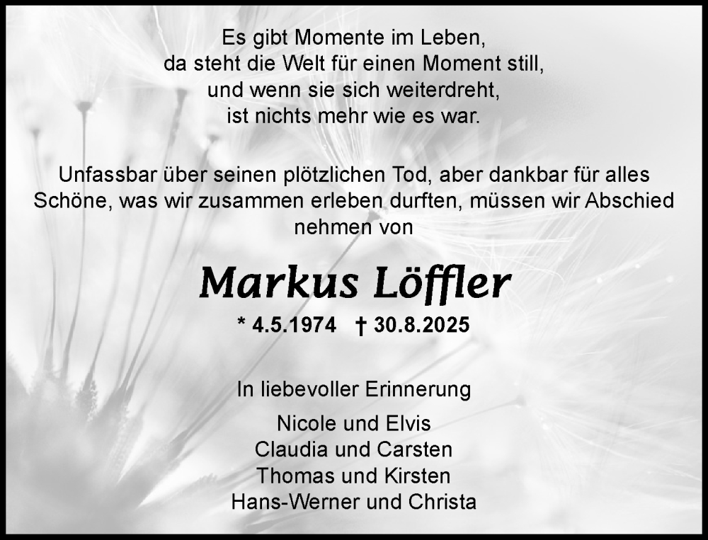  Traueranzeige für Markus Löffler vom 13.09.2025 aus MARKT Ratzeburg/Mölln