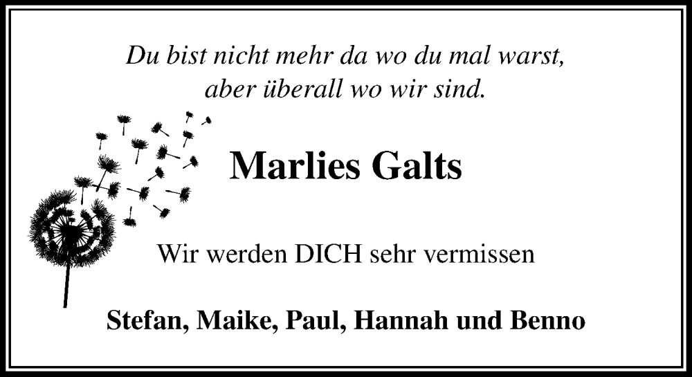  Traueranzeige für Marlies Galts vom 20.09.2025 aus MARKT Ahrensburg/Bargteheide/Trittau und Stormarner Tageblatt