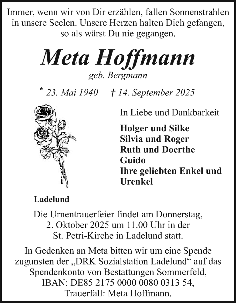  Traueranzeige für Meta Hoffmann vom 19.09.2025 aus Husumer Nachrichten, Nordfriesland Tageblatt