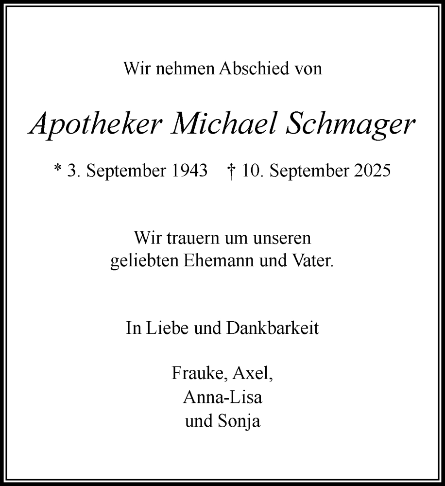  Traueranzeige für Michael Schmager vom 27.09.2025 aus MARKT Ahrensburg/Bargteheide/Trittau und Stormarner Tageblatt