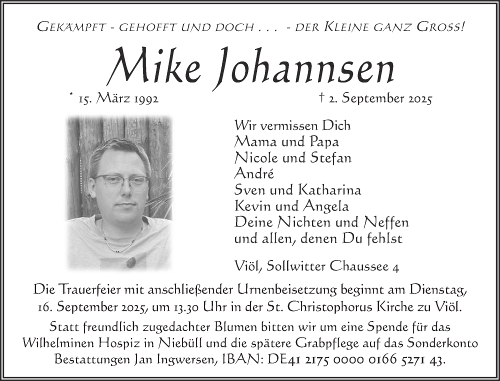  Traueranzeige für Mike Johannsen vom 10.09.2025 aus Husumer Nachrichten, Nordfriesland Tageblatt