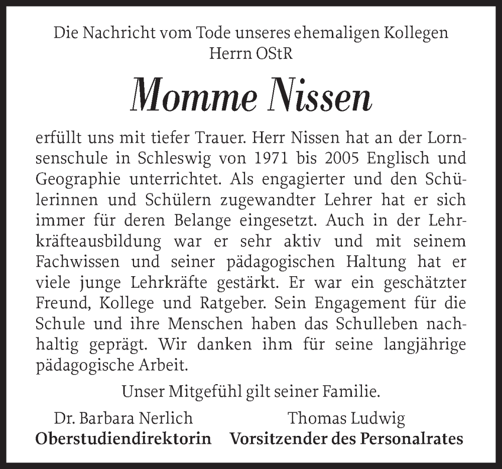  Traueranzeige für Momme Nissen vom 20.09.2025 aus Schleswiger Nachrichten, Schlei-Bote