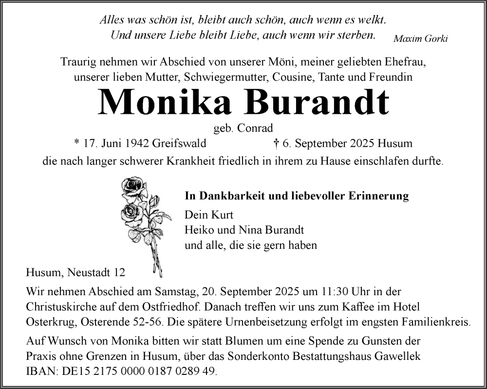  Traueranzeige für Monika Burandt vom 11.09.2025 aus Husumer Nachrichten, Nordfriesland Tageblatt
