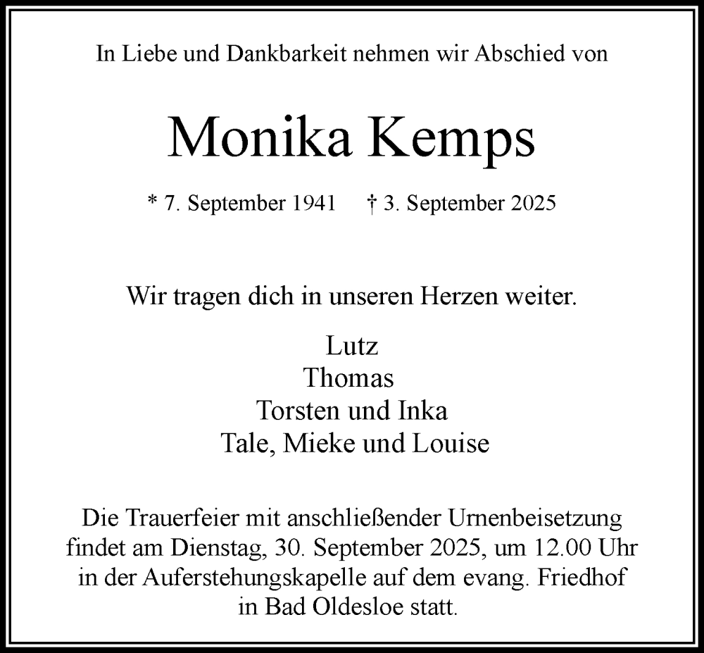  Traueranzeige für Monika Kemps vom 27.09.2025 aus MARKT Bad Oldesloe/Reinfeld und Stormarner Tageblatt