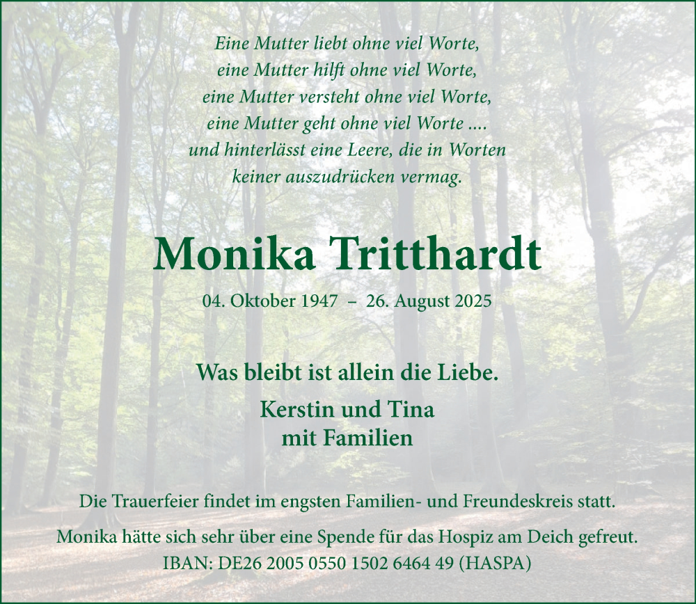  Traueranzeige für Monika Tritthardt vom 06.09.2025 aus Wochenend Anzeiger
