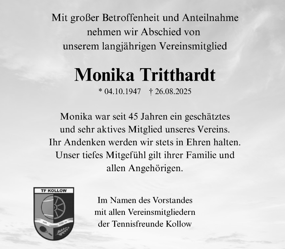  Traueranzeige für Monika Tritthardt vom 06.09.2025 aus Wochenend Anzeiger