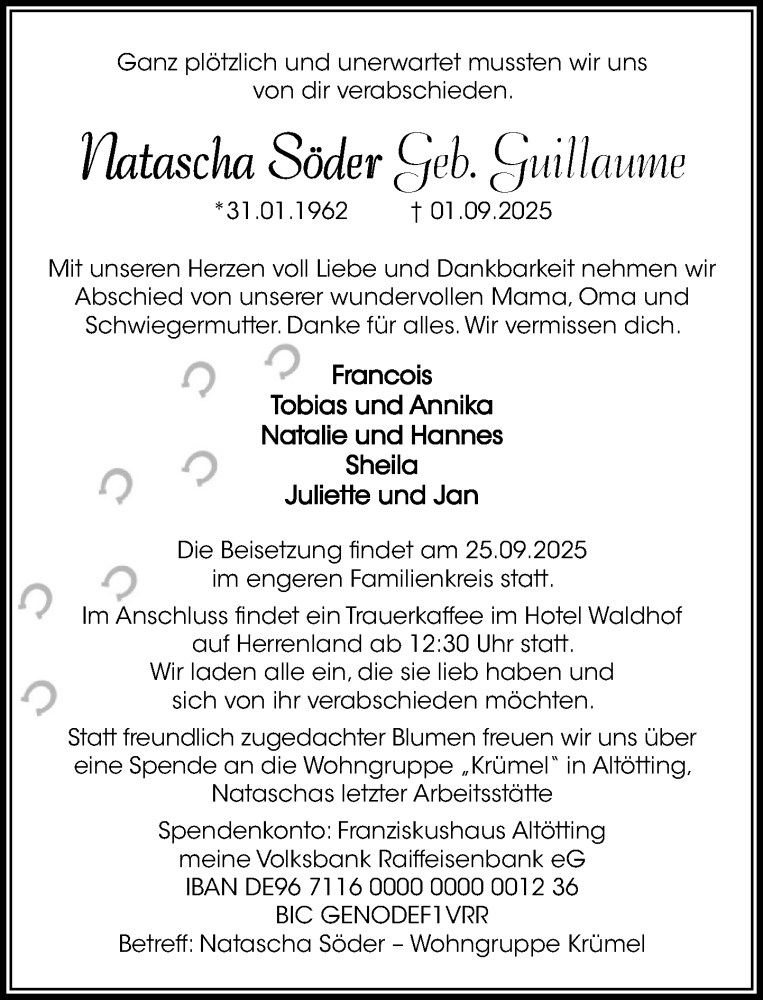  Traueranzeige für Natascha Söder vom 13.09.2025 aus MARKT Ratzeburg/Mölln