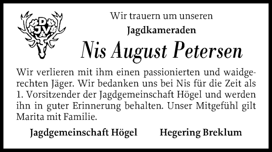 Traueranzeige von Nis August Petersen von Husumer Nachrichten, Nordfriesland Tageblatt