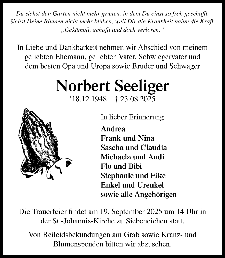  Traueranzeige für Norbert Seeliger vom 06.09.2025 aus Wochenend Anzeiger