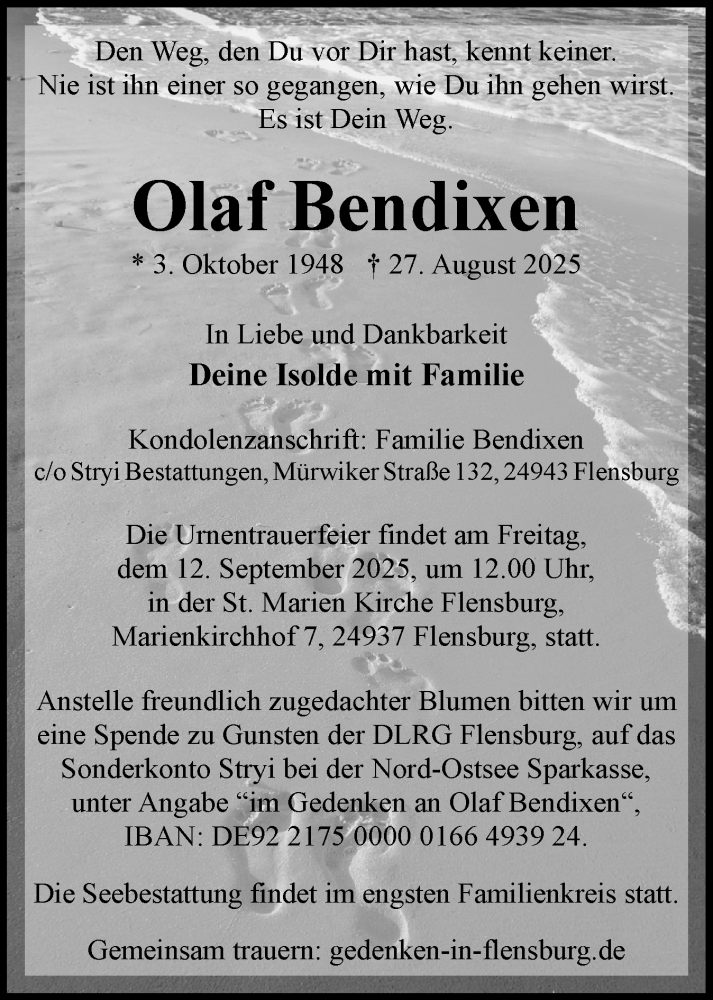  Traueranzeige für Olaf Bendixen vom 06.09.2025 aus Flensburger Tageblatt