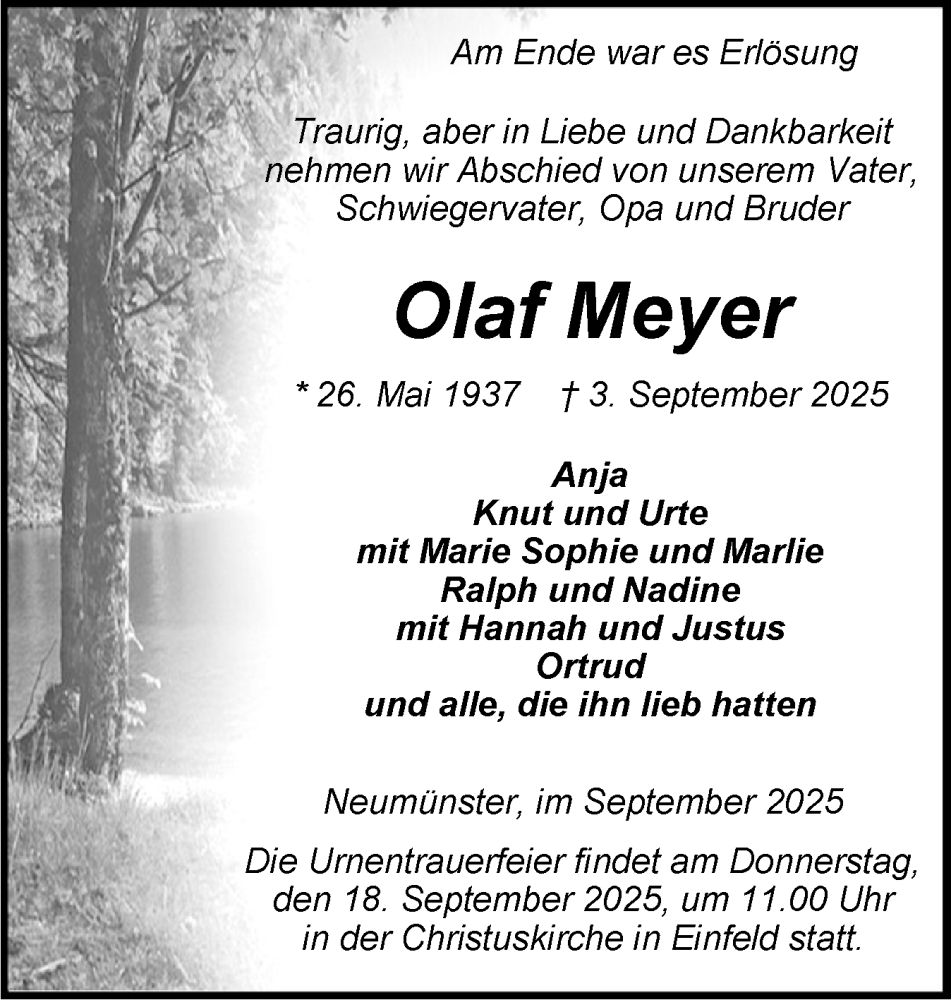  Traueranzeige für Olaf Meyer vom 13.09.2025 aus Holsteinischer Courier