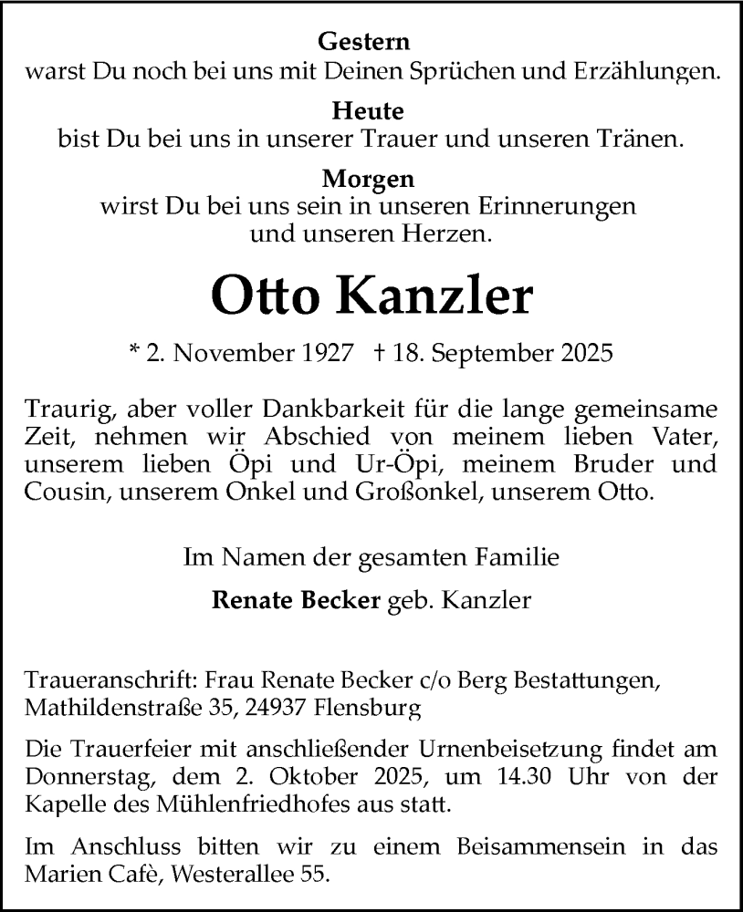  Traueranzeige für Otto Kanzler vom 27.09.2025 aus Flensburger Tageblatt
