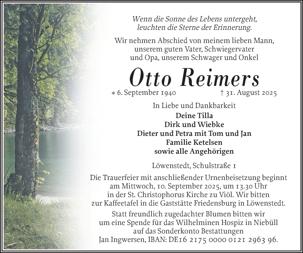  Traueranzeige für Otto Reimers vom 03.09.2025 aus Region Flensburg