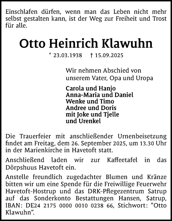 Traueranzeige von Otto Heinrich Klawuhn von Flensburger Tageblatt, Schleswiger Nachrichten, Schlei-Bote