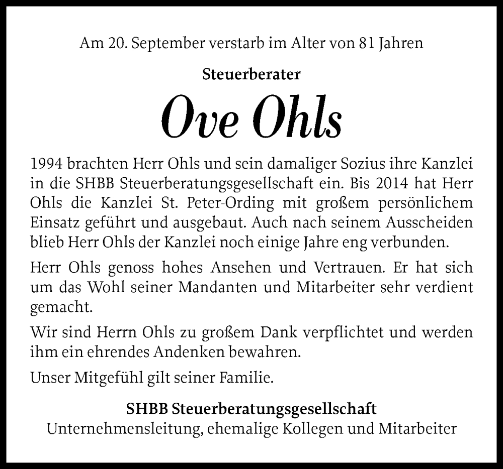  Traueranzeige für Ove Ohls vom 27.09.2025 aus Husumer Nachrichten, Nordfriesland Tageblatt