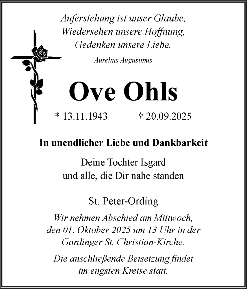  Traueranzeige für Ove Ohls vom 26.09.2025 aus Husumer Nachrichten, Nordfriesland Tageblatt