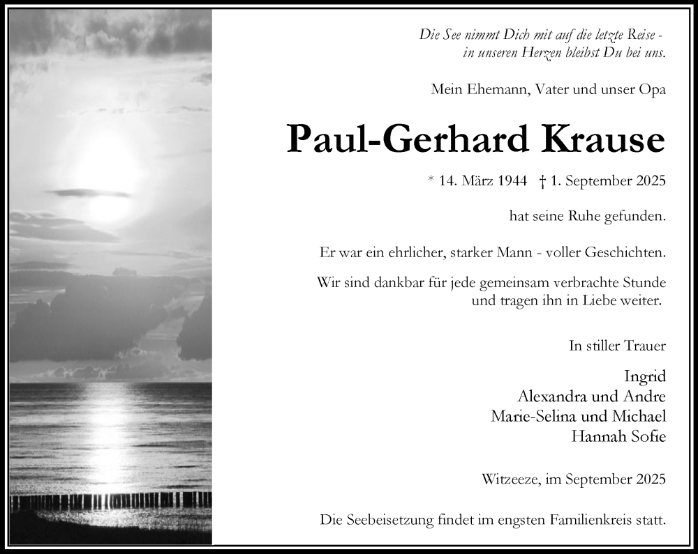  Traueranzeige für Paul-Gerhard Krause vom 06.09.2025 aus Wochenend Anzeiger