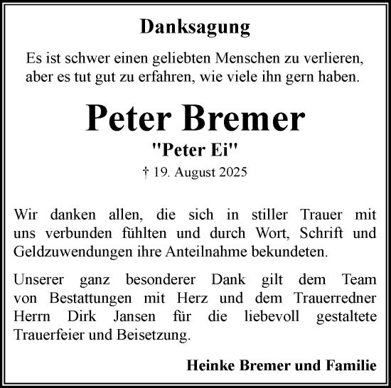 Traueranzeige von Peter Bremer von Flensburger Tageblatt