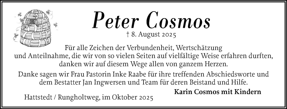  Traueranzeige für Peter Cosmos vom 01.10.2025 aus Husumer Nachrichten, Nordfriesland Tageblatt