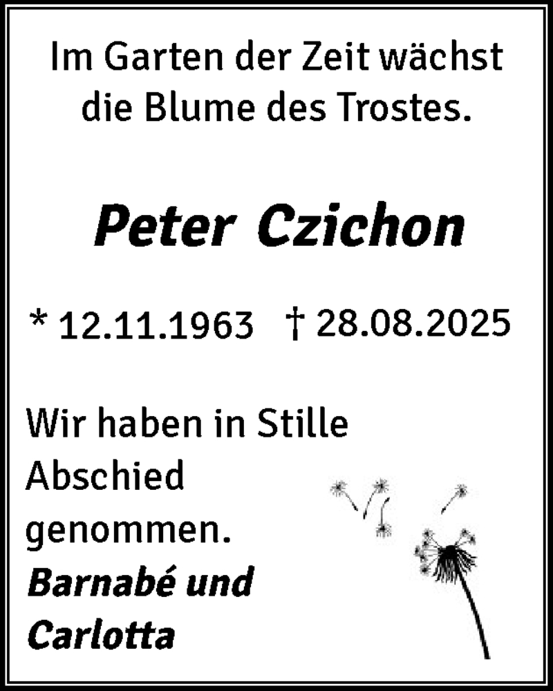  Traueranzeige für Peter Czichon vom 27.09.2025 aus Elmshorner Nachrichten, Barmstedter Zeitung