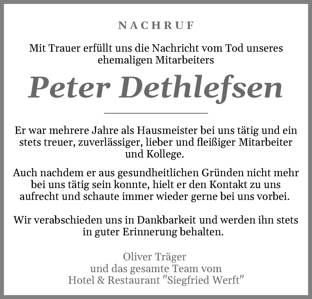  Traueranzeige für Peter Dethlefsen vom 20.09.2025 aus Eckernförder Zeitung, Hallo Eckernförde