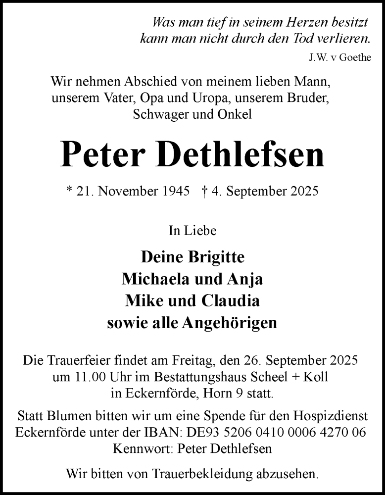  Traueranzeige für Peter Dethlefsen vom 20.09.2025 aus Eckernförder Zeitung, Hallo Eckernförde