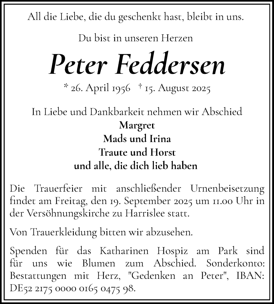  Traueranzeige für Peter Feddersen vom 06.09.2025 aus Flensburger Tageblatt