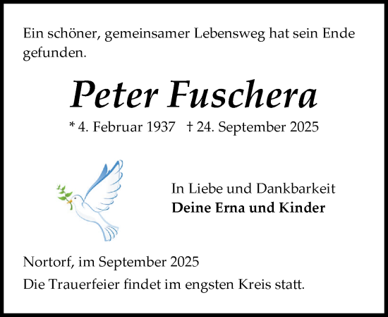 Traueranzeige von Peter Fuschera von Schleswig-Holsteinische Landeszeitung