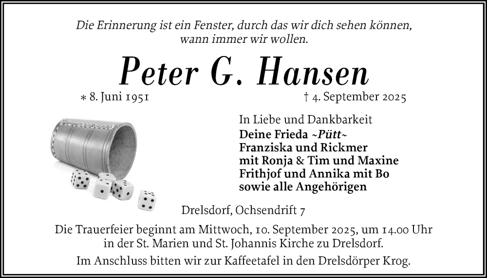  Traueranzeige für Peter G. Hansen vom 09.09.2025 aus Husumer Nachrichten, Nordfriesland Tageblatt