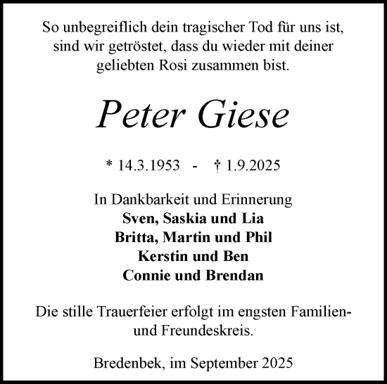 Traueranzeige von Peter Giese von Schleswig-Holsteinische Landeszeitung