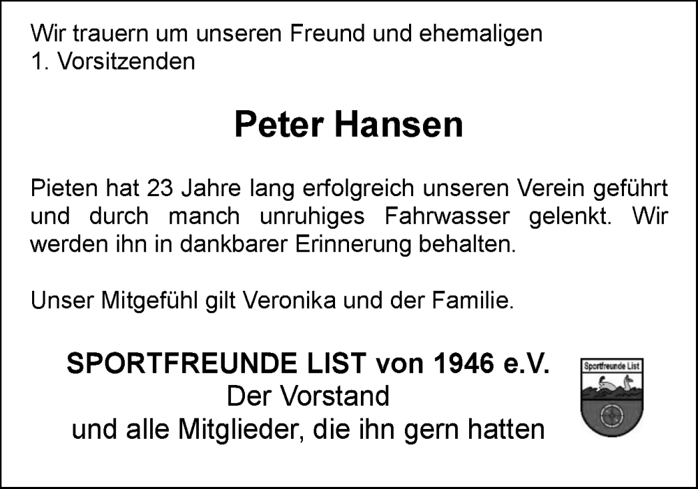  Traueranzeige für Peter Hansen vom 20.09.2025 aus Sylter Rundschau