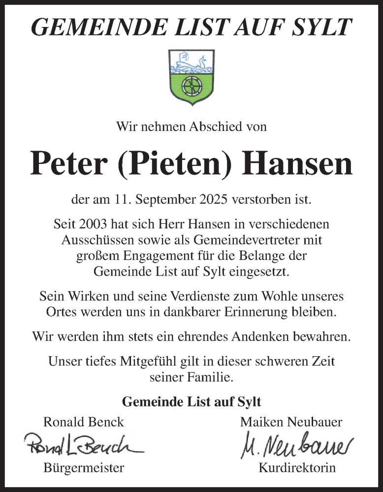  Traueranzeige für Peter Hansen vom 22.09.2025 aus Sylter Rundschau
