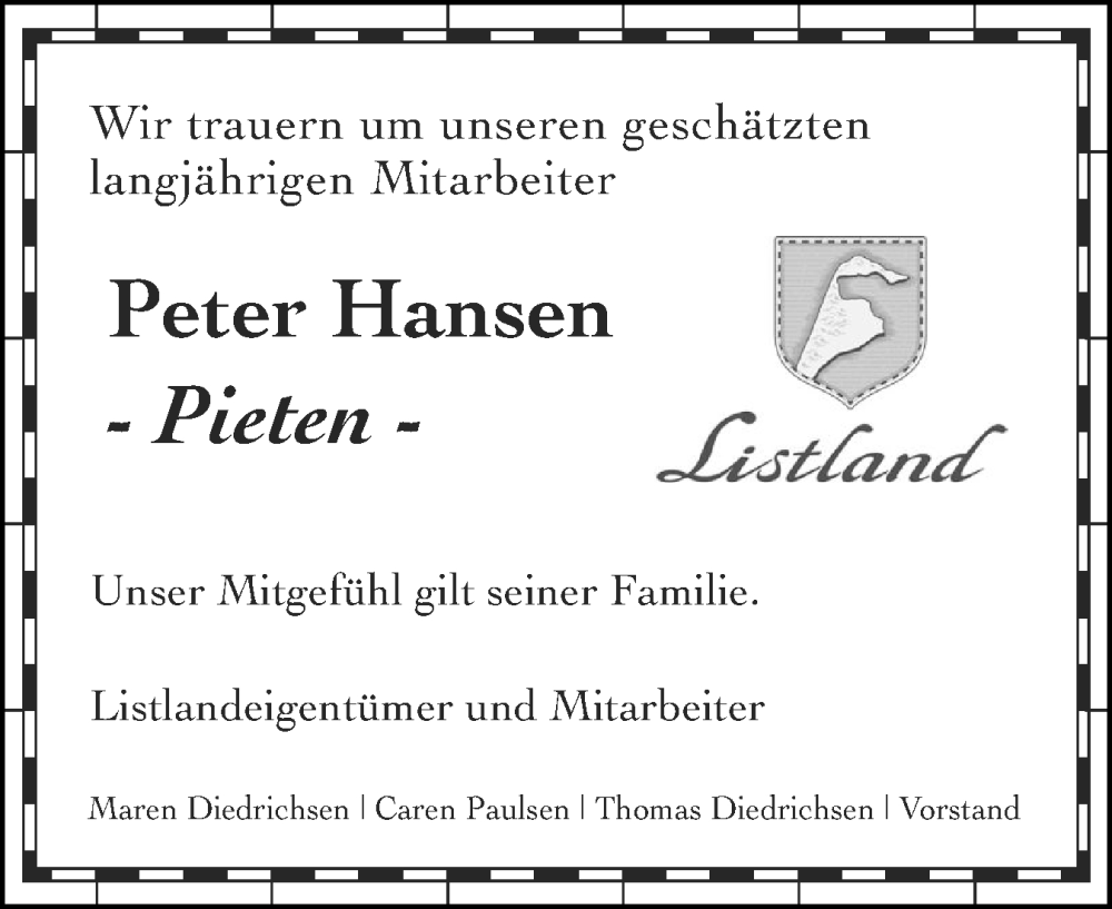  Traueranzeige für Peter Hansen vom 20.09.2025 aus Sylter Rundschau