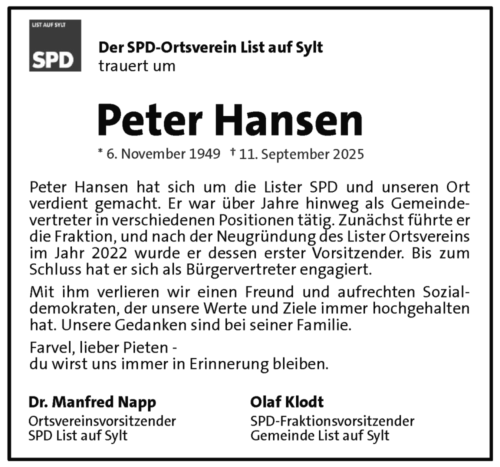  Traueranzeige für Peter Hansen vom 20.09.2025 aus Sylter Rundschau