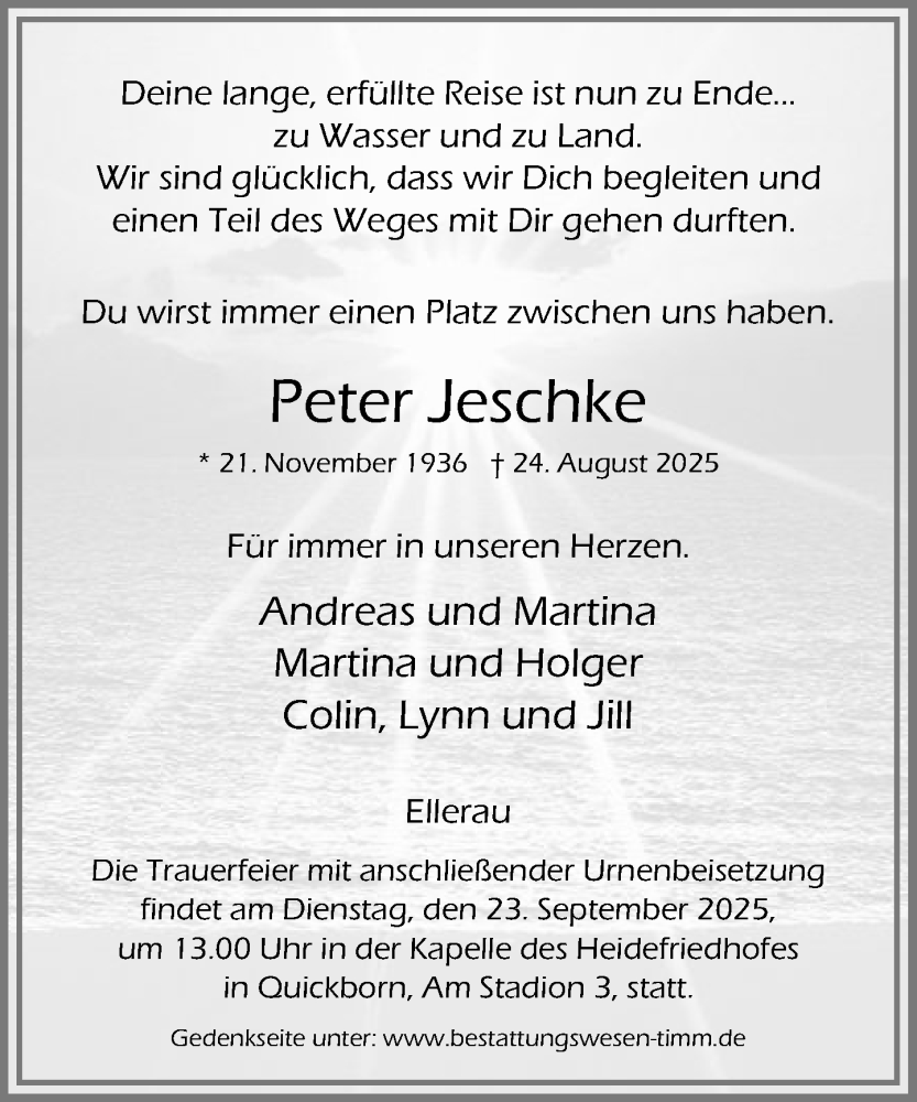  Traueranzeige für Peter Jeschke vom 06.09.2025 aus Umschau